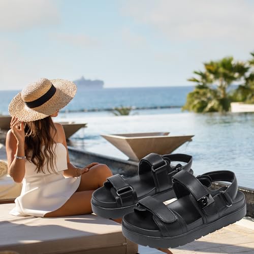 Image of Women's Platform Sandals Slip on Comfort Adjustable Double Strap Sandal for Women Leather Footbed