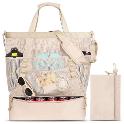 Large Beach Bag with Cooler Mesh Beach Tote for Women Insulated Pool Bag