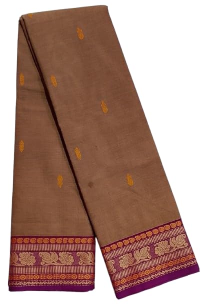 Women's Chettinad Kanchi Cotton Saree - Latest Thread Border Putta Saree Without Blouse (Sandal & Marron mixed)-picture-12