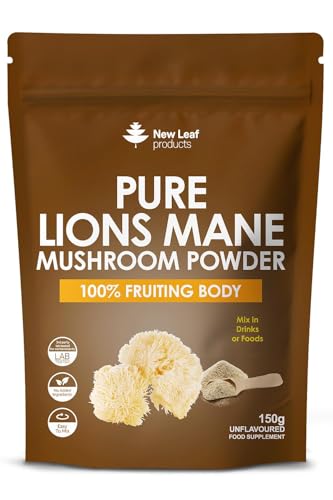 Lions Mane Mushroom Powder - Lions Mane Supplement High Strength 3000mg Mushroom Powder - 100% Fruiting Body Lions Mane - 60 Servings Lions Mane Powder - Made in The UK by New Leaf