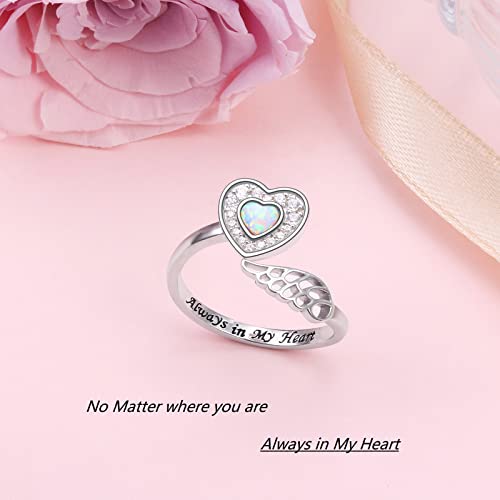 925 Sterling Silver Angel Wing Ring for Women Girls Mother Daughter Jewelry Hug Heart Ring with Message Wrap Open Ring Lap Opal Rings Adjustable Size4