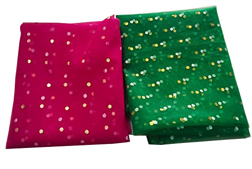 Image of Dual Color Combo of 42inch Width Dotted Mesh Net Fabric for Decoration, Fruit /Dryfruit /Gift Packing & Trousseau Tray Packing (5 Meter Each Color, Green & Rani Pink)