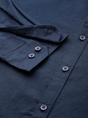 Image of Thomas Scott Men's Solid Cotton Linen Casual Shirt | Full Sleeve | Regular Fit | Mandarin Collar