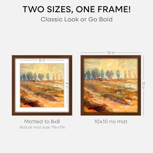 Image of Homeforia 10x10 Picture Frame Brown, High-End Dark Oak 10 x 10 Square Brown Wood Frames with Mat 8 by 8 Photo, 10by10 Wooden Walnut Poster Frame Matted to 8x8 Print, Tempered Glass, Wall Kit, Set of 2