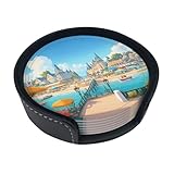 A Joyful Holiday by The Seaside - Juego de 6 posavasos redondos de piel sintética, fáciles de limpiar, perfectos para el hogar y la oficina, 3.9 pulgadas