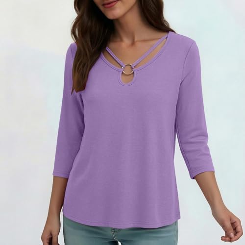 Womens Trendy Tops, 3/4 Length Sleeve Womens Spring Tops Ring Cut Out Dressy Casual Keyhole Neck Tshirt Cute Summer Going Out Blouses Trendy Tops Purple S