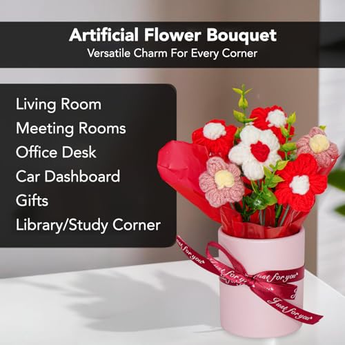 Image of Nostrae by Ekhasa Red Cherry Blossom Crochet Flowers Bouquet (Small Size) | Knitted Flowers For Gifting | Woolen Bouquet Perfect For Crochet Gifts | Handmade Bouquets Gift