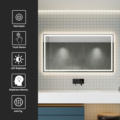 Mirrona 55"x30" LED Mirror with 3 Color Light, Rectangular Dimmable & Anti-Fog, Aluminum Frame Copper Free Decorative Mirror for Bathroom, Entryway Makeup, Vanity, Vertically Wall Mounted - Image 6