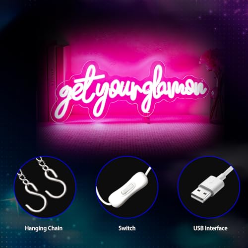 Image of Get Your Glam On Neon Sign, Neon Signs for Wall Decor Neon Pink LED Signs Room Neon Light Up Signs Home Decor for Bedroom Club Party Bar Shop USB Operated