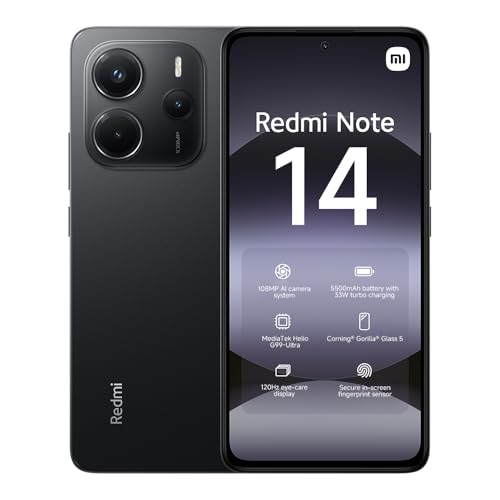 Xiaomi Redmi Note 14 Smartphone, 8+256 GB, svart, 108 MP AI-kamerasystem, 5 500 mAh batteri, 120 Hz ögonvårdsdisplay, AI-funktioner (laddare ingår inte)