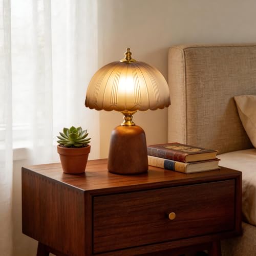 AUGsea 11.8“ Decorative Wooden Mid-Century Modern Small Table Lamp, Vintage Amber Glass Shade, Solid Wood Base, Dimmable Bedside Lamp for Bedroom Living Room, Aesthetic Home Decor, E26 Bulb Included