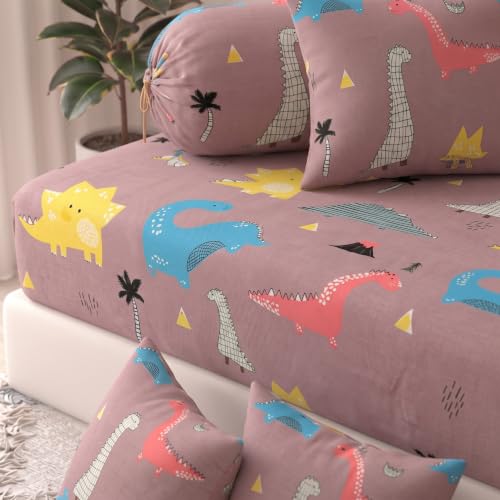 Image of Filymore Kids Brown Dinosaur Elastic Fitted Diwan Set with 1 Fitted Diwan Sheet, 5 Cushion Covers & 2 Bolster Covers | Soft Microfiber Animal Print Diwan Cover Set for Kids Room & Living Room