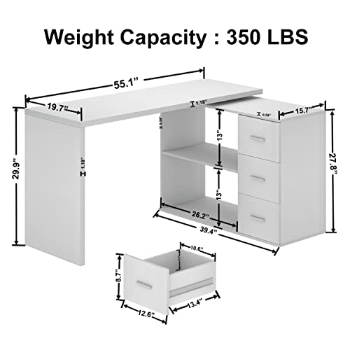 Hsh White L Shaped Desk With Drawers Shelves, 360 Rotating L Shape Computer Desk With Storage Cabinet, Corner Home Office Wood Desk For Executive Writing Work Study, Reversible Computer Table, 55 Inch #TOP1