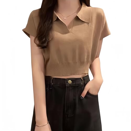 LAI DE RUI Camiseta feminina sexy de verão manga curta gola V curta cor sólida polo tricotado, Caqui