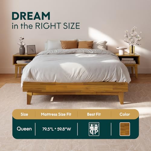 Bme Catherine Queen Platform Bed Frame, Modern Bed Frame Without Headboard, Wooden Low Profile Bed Frame, Acacia Wood Platform Bed Frame, No Box Spring Needed, Supports up to 800lbs - Teak Brown