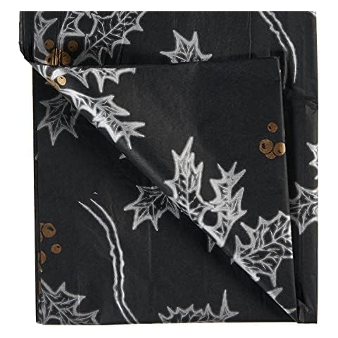 PPO 10 Sheets Black Christmas Holly Printed Tissue Paper - 500 x 750mm - Acid Free MG Gift Wrap Wrapping Paper Sheets for Art Craft Decorative Cover