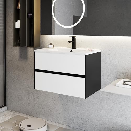 eclife 30' Bathroom Vanity Cabinet with Undermount Sink Combo, Wall Mounted Floating Bathroom Cabinet with Colors Mixed Style, 2 Big Drawers & Matte Black Faucet