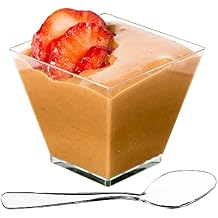 DLux 50 x 3.5oz Square Mini Dessert Cups with Spoons, Clear Plastic Parfait Appetizer Cup - Small Reusable Serving Bowl for Tasting Party Desserts Appetizers - With Recipe Ebook