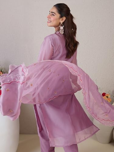 Image of INDO ERA Women's Straight Organza Floral Embroidered Kurta & Pant with Dupatta Set (IESTR9806)