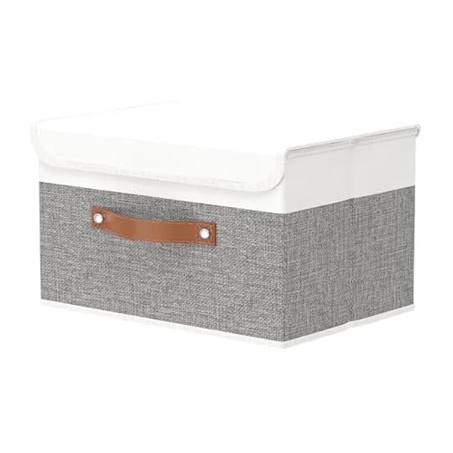 OUTBROS Large Foldable Storage Bins, Linen Fabric Box with Lid, Organiser for Shelves, Cubes For Towels, Clothes, 13 x 9.1 x 7.9 inch (White/Grey, 1-Pack)