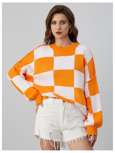 Image of SHENHE Women's Oversized Checkered Sweater Plaid Bell Sleeve Crewneck Vintage Sweater Jumper Orange Large