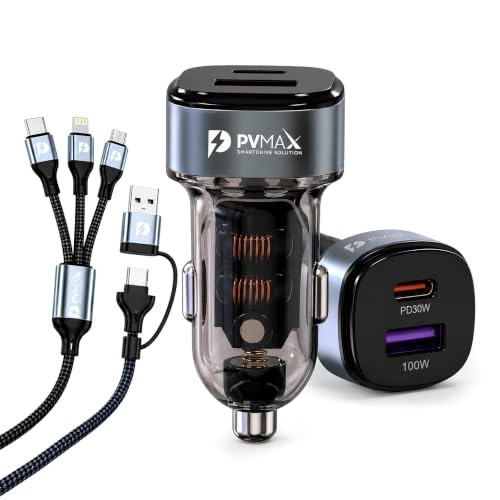 Image of PVMAX 130W Fast Car Charger with 3 in 2 Charging Cable, USB 100W & PD 30W Dual Port, USB & Type C Input, Micro, Lightning, Type C Output, Car Mobile Charger for iPhone, Android, MacBook, 1Y Support