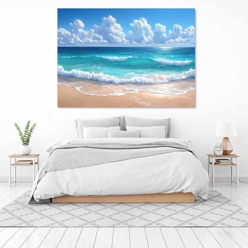 Tableau vague turquoise et plage de sable pour décoration murale côtière 70x100cm