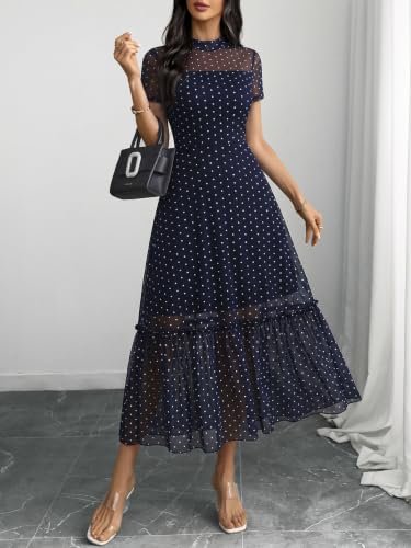 Image of GothDark Women's Summer Floral Mesh Ruffle Dress Short Sleeve Round Neck Waist Cinched Casual Maxi Wedding Guest Dresses