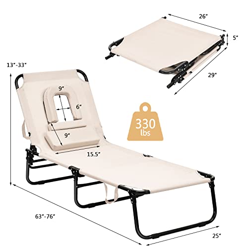 Tangkula Folding Chaise Lounge Chair with Hole for Face, Outdoor 5Position Adjustable Reclining