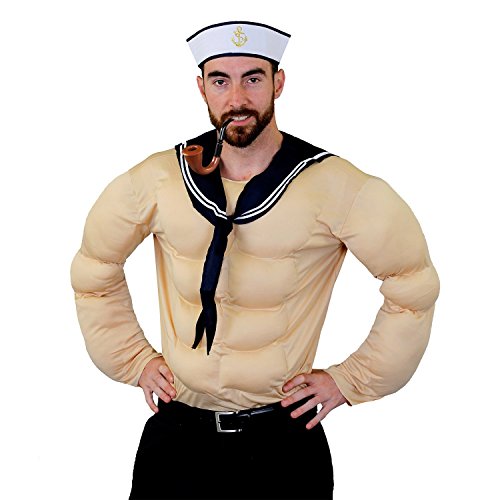 Déguisement pour adulte du marin qui mange des épinards avec un haut torse musclé + un chapeau + une écharpe + une pipe. Idéal pour les enterrements de vie de garçon. ( Standard )