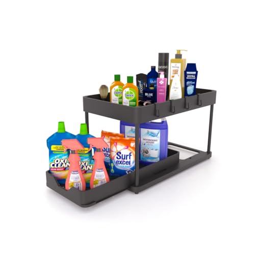 Qunix 1 Pc Under Sink Organiser Multi-Purpose Storage Cabinet Organiser For Kitchen & BathroomSpace Saver 2-Tier Sliding Rack For WorkspaceCompactable Nonslip Stand For Laundry With 4 HooksBlack