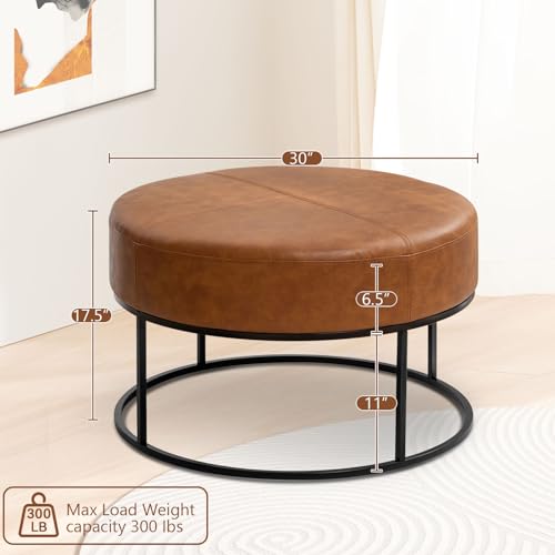 Image of Modern Round Coffee Table, Farmhouse Ottoman for Living Room, Large Vintage Faux Leather Coffee Tables with Leather Upholstered Padded Seat [Round, Vintage Brown, 30'']