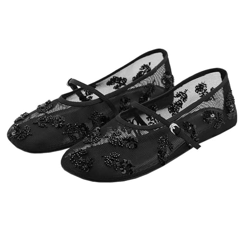 Trendenzy Womens Mesh Ballet Flats Shoes Embroidered Floral Mary Jane Flat Round Toe Ankle Strap Ballerina Shoes