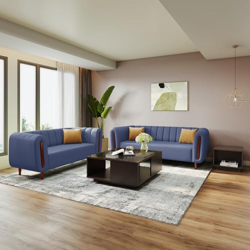 Image of Interio by Godrej Sofa Paramount 5 Seater Fabric Sofa Set (3+2) for Living Room, 1-Year Warranty, Solid Wood, Ocean Blue