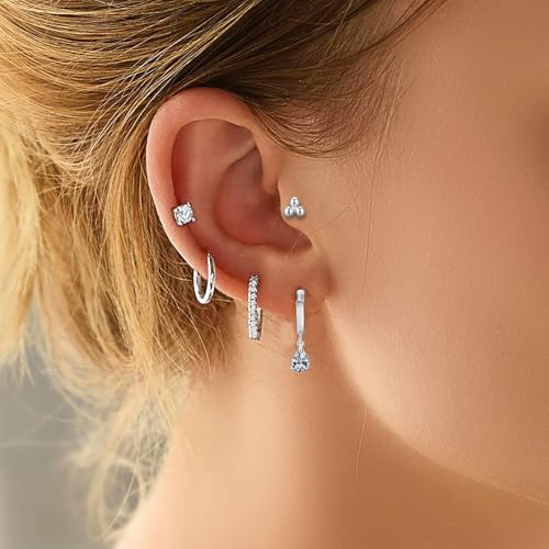 Hypoallergenic Flat Back Earrings for Cartilage Earring Set for Multiple Piercing Sterling Silver Huggie Hoop Earrings for Women 14K Gold Small FlatBack Stud Trendy Earring Stacks4