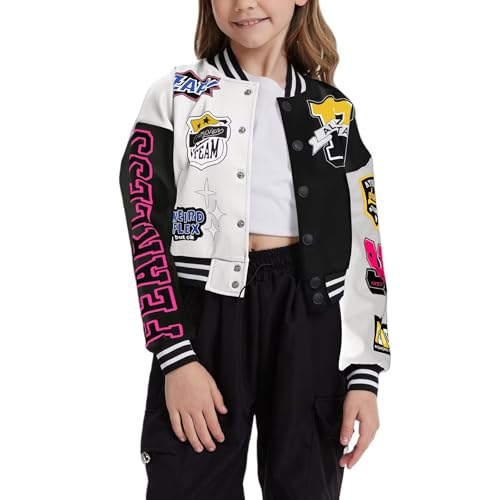 Image of Teen Girls Crop Varsity Jacket Bomber Jacket Style Casual Fit Baseball Sport Y2K Streetwear Short Cardigan Sweatshirt