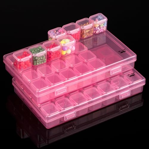 Image of Mr. Pen- Bead Storage Containers, 28 Grids, 2 Pack, Transparent Pink | 160 pcs Label Stickers, Transparent, Small Bead Organizer Box, Diamond Art, Diamond Painting Organizer