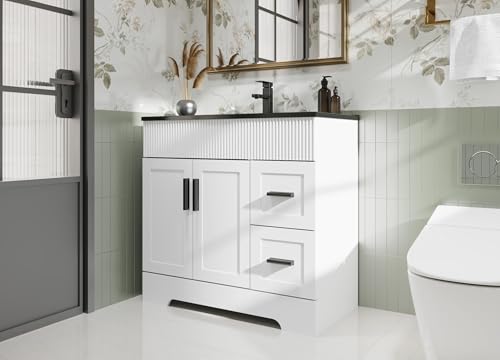 Image of eclife 36 inch Bathroom Vanities Sink Combo with Painted Surface, Modern Drawered Cabinet W /Decorative Wave Lines, Undermount Black White Sink, Matte Black Faucet Drain, White