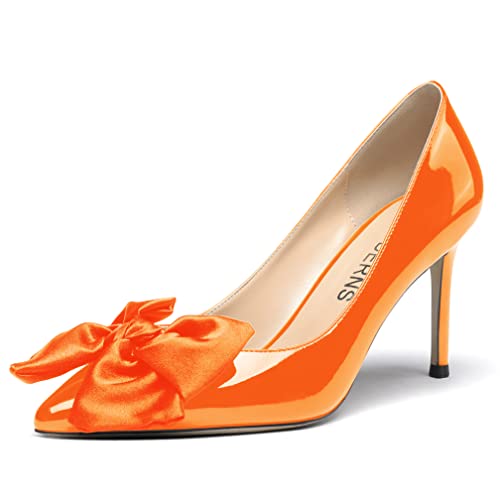 WAYDERNS Women's Slip On Pointed Toe Patent Leather Bow Decoration Stiletto High Heel Pumps Shoes 3.5 Inch