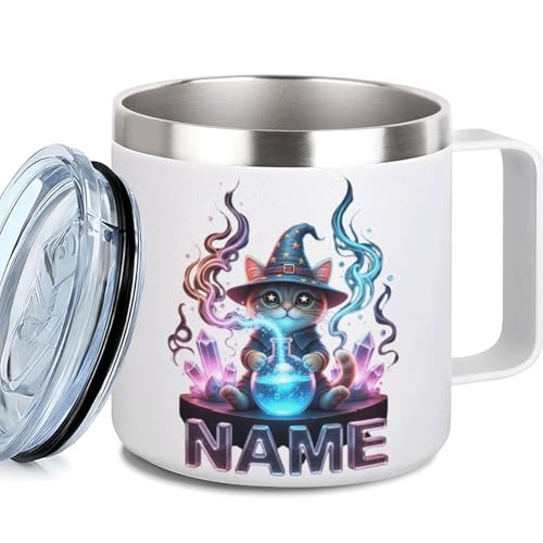 Custom Name Wizard Cat Mug 12 oz Stainless Steel with Lid