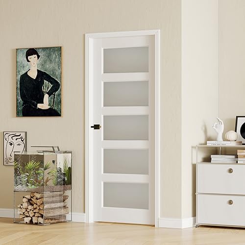 Image of 32 inch x 80 inch Interior Door, 5-Lite Frosted Glass Pantry Door with Black Door Lever, Single Slab Door Panel for Closet & Bedroom, Classic Style as Prehung, Pocket, Bifold Doors, Assembly Required