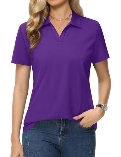 MAGCOMSEN Golf Shirts for Women Cotton Collared Polo Shirt Short Sleeve Tops Casual Polos V Neck Lightweight Summer Workout Top Purple, M