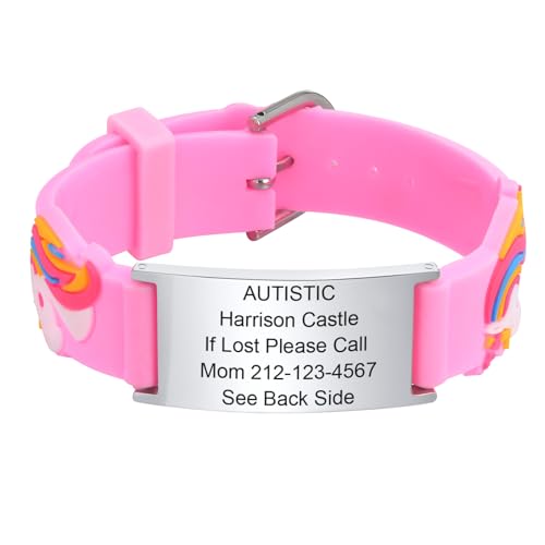 Personalized Medical ID Bracelet for Kids, Unicorn Football Basketball Silicone Allergy Seizure Alert Wristband with Engraved Emergency Info, Waterproof Adjustable Emergency Bracelets for Toddlers