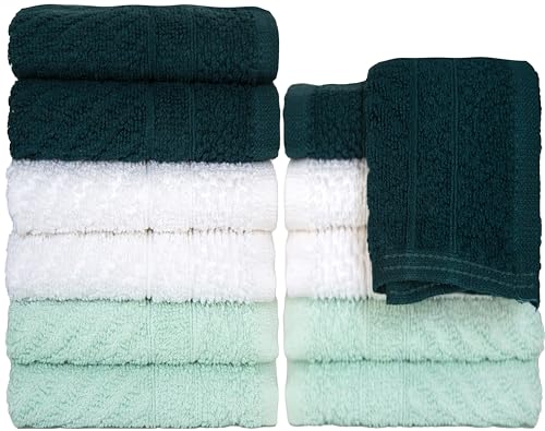 Image of PH Pleasant Home Diagonal Wash Cloths Set - 12 Pack (12 inch x 12 inch) - 509 GSM - 100% Ring Spun Cotton Wash Cloth - Super Soft and Highly Absorbent Face Towels (Green, White & Mint)