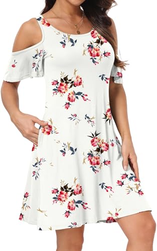 Image of Short /Long Sleeve Women's Cold Shoulder Dress with Pockets Casual Swing T-Shirt Dresses