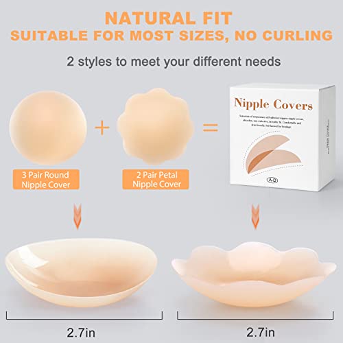 AMFLOWER 5 Pairs Nipple Covers, Invisible Nipple Covers for Women, Silicone Petals/Pasties Nipple Covers Reusable Washable Nude4