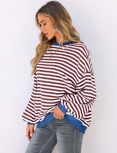UEU Women Oversized Striped Crewneck Sweatshirt Long Sleeve Color Block Pullover Tops Casual Loose Workout Shirt3