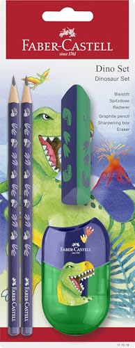 FABER-CASTELL 111519 - Set de escritura Dino con lápices HB, sacapuntas y goma de borrar, set escolar para niños