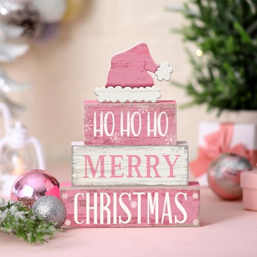 Image of Moucuny 4 Pcs Christmas Table Decorations Pink Santa Hat Decor Christmas Tiered Tray Decor Rustic Wood Pink Hat Block Sign Gift Xmas Table Centerpiece Farmhouse for Home Shelf Kitchen Decorations