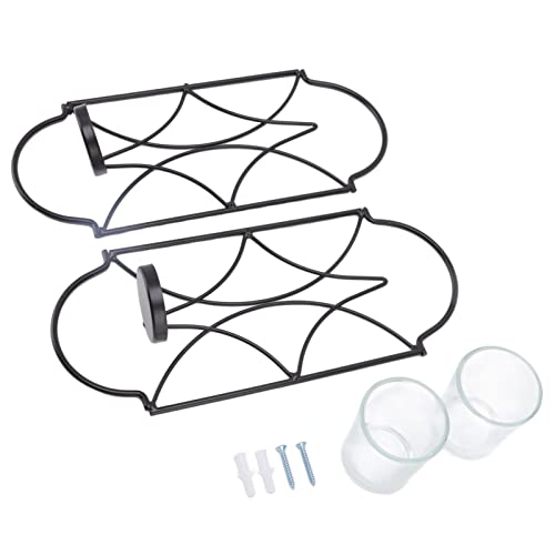 Juego de 2 candelabros de pared de metal, candelabros de pared con vidrio, portavelas de hierro, portavelas de pared de metal negro para decoración de pared del hogar (negro)